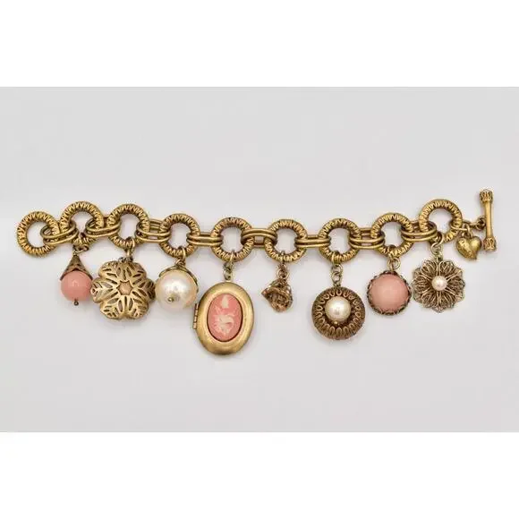 Carolee Vintage Charm Locket Bracelet Antiqued Gold Pink Floral Signed 80s BinBR - Picture 2 of 12